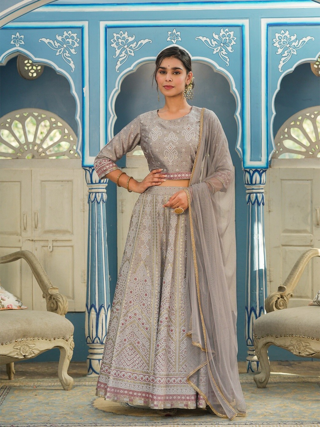 

Juniper Grey & White Printed Ready to Wear Lehenga & Blouse With Dupatta