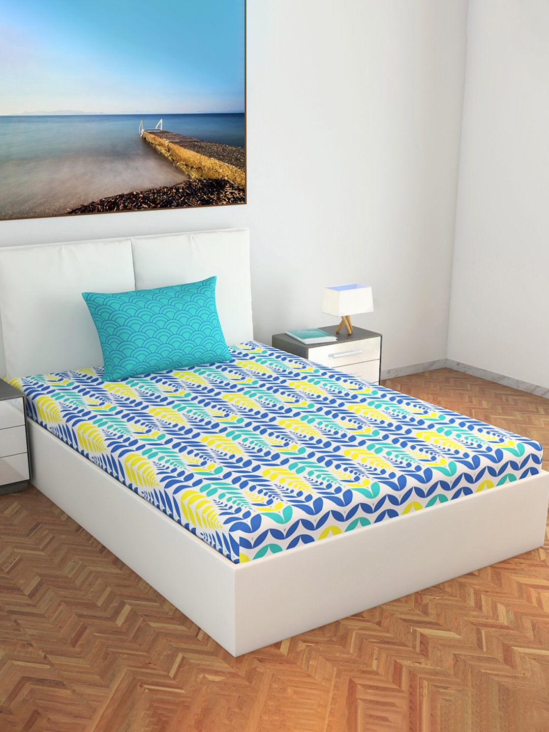 

Divine Casa Vibrant White 120 TC Blend Cotton Fitted Single Bedsheet with 1 Pillow Cover