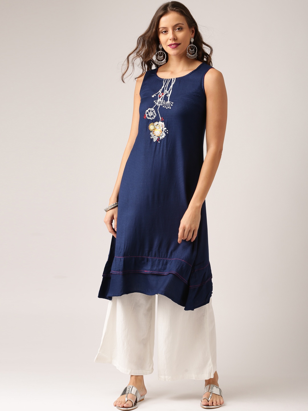 

IMARA Women Navy Woven Design A-Line Kurta, Navy blue