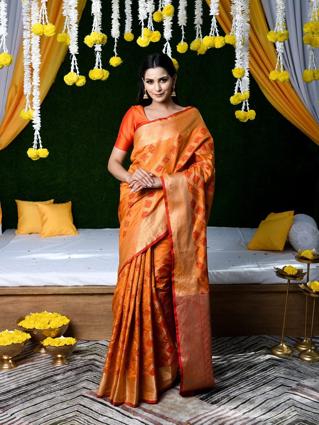 

BEATITUDE Mustard & Red Woven Design Zari Silk Blend Patola Saree