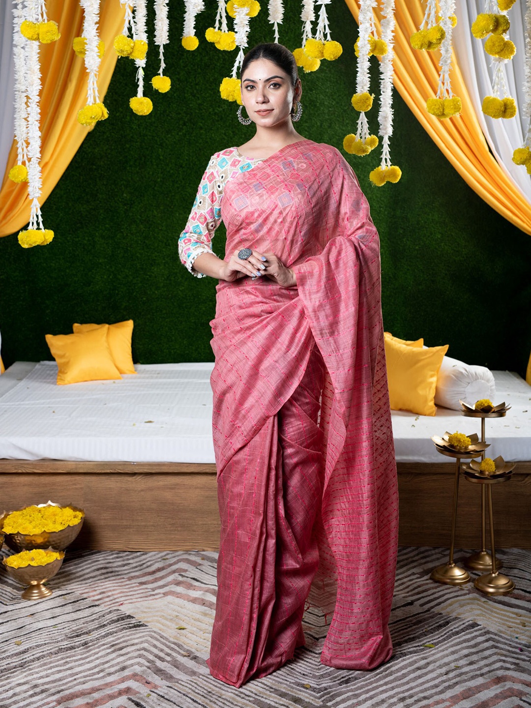 

BEATITUDE Pink & Blue Woven Design Silk Blend Saree