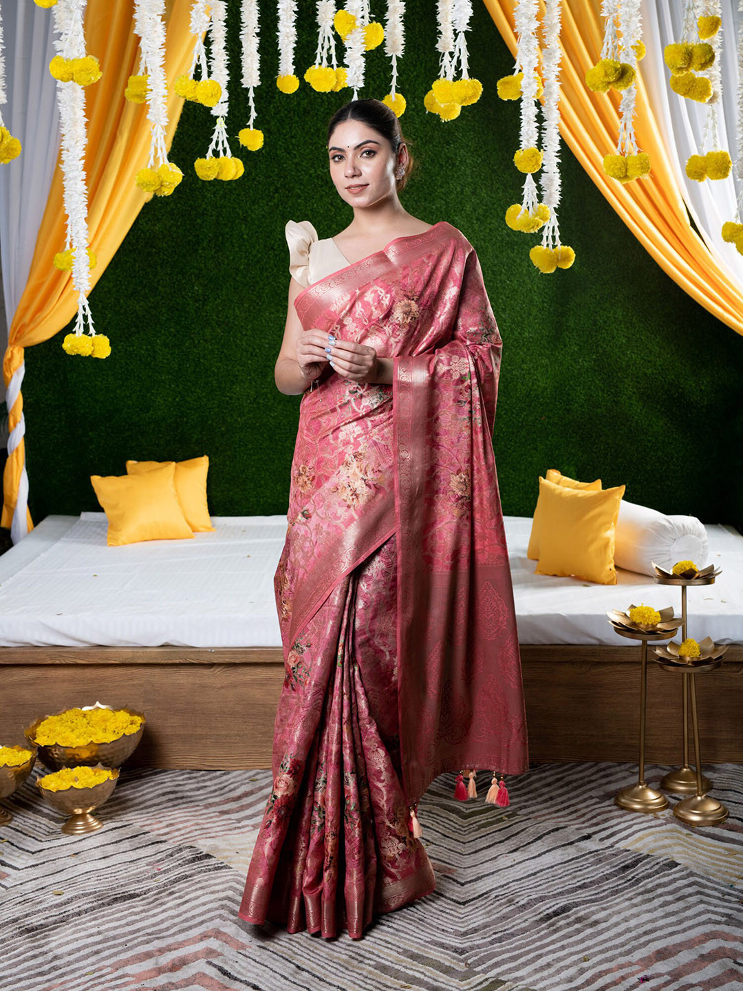 

BEATITUDE Pink & Green Floral Zari Silk Saree