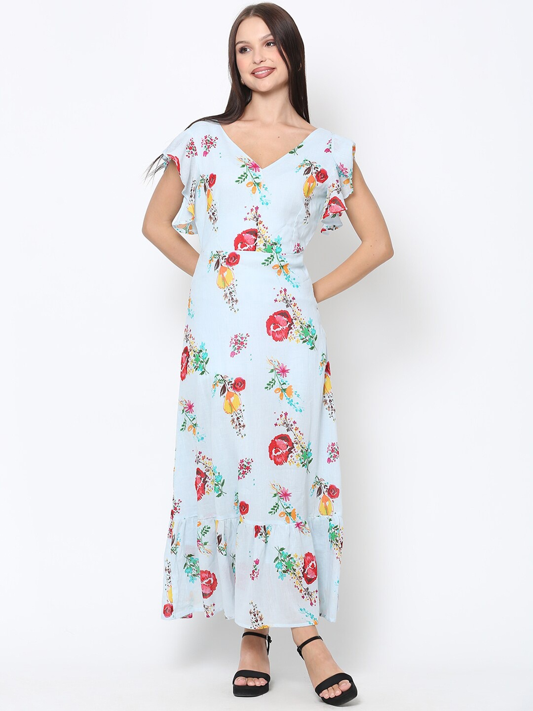 

DRIRO Blue & Red Floral Printed Cotton Maxi Dress