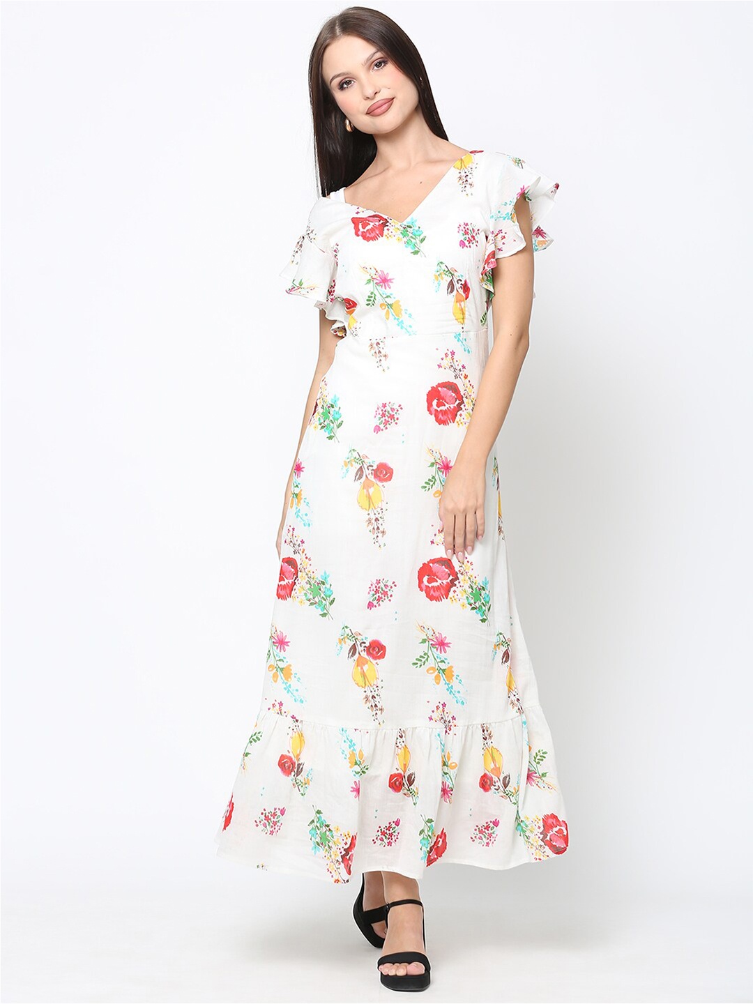

DRIRO White & Red Floral Printed Cotton Maxi Dress