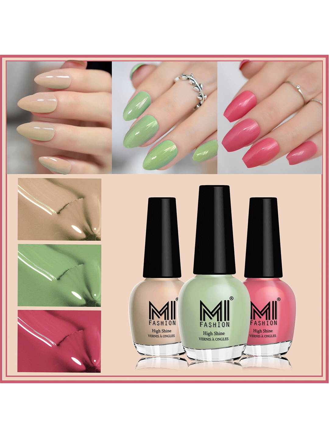 

MI FASHION Set Of 3 Vernis A Ongles Ultra High Glass HD 3D Shine Nail Polish - Candy Cotton, Mint, Skin Nude