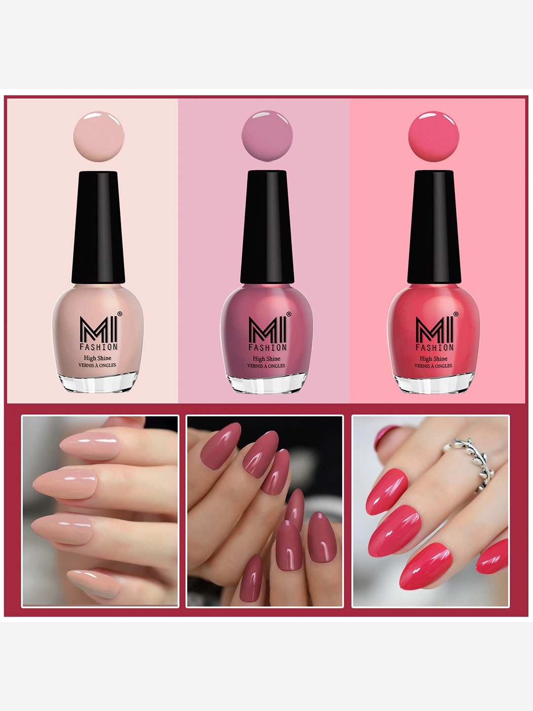 

MI FASHION Set Of 3 Vernis A Ongles Ultra High Glass HD 3D Shine Nail Polish - Mauve Brown, Coral Compass, Spicy Nude