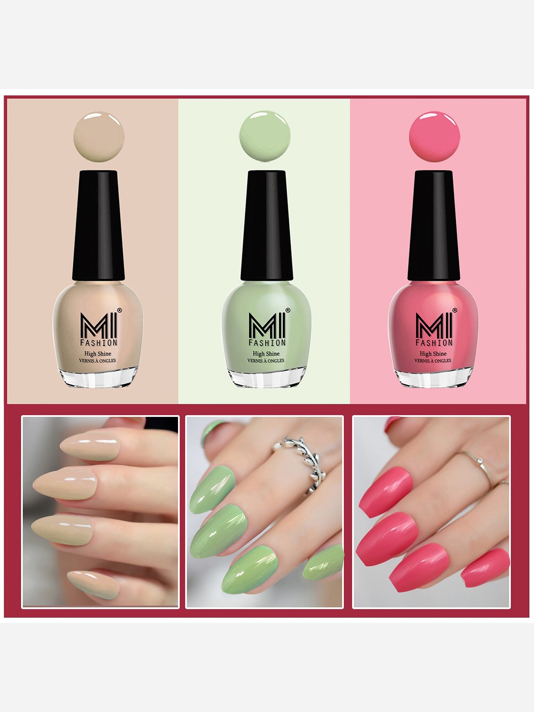 

MI FASHION Set Of 3 Vernis A Ongles Ultra High Glass HD 3D Shine Nail Polish - Candy Cotton, Mischievous Mint, Skin Nude