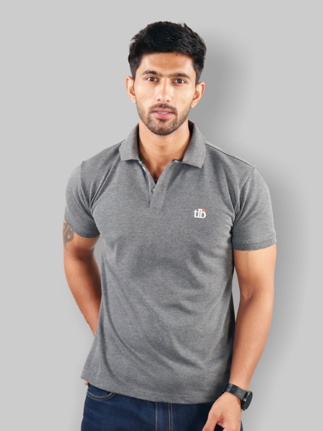 

The Label Bar Men Grey Polo Collar T-shirt