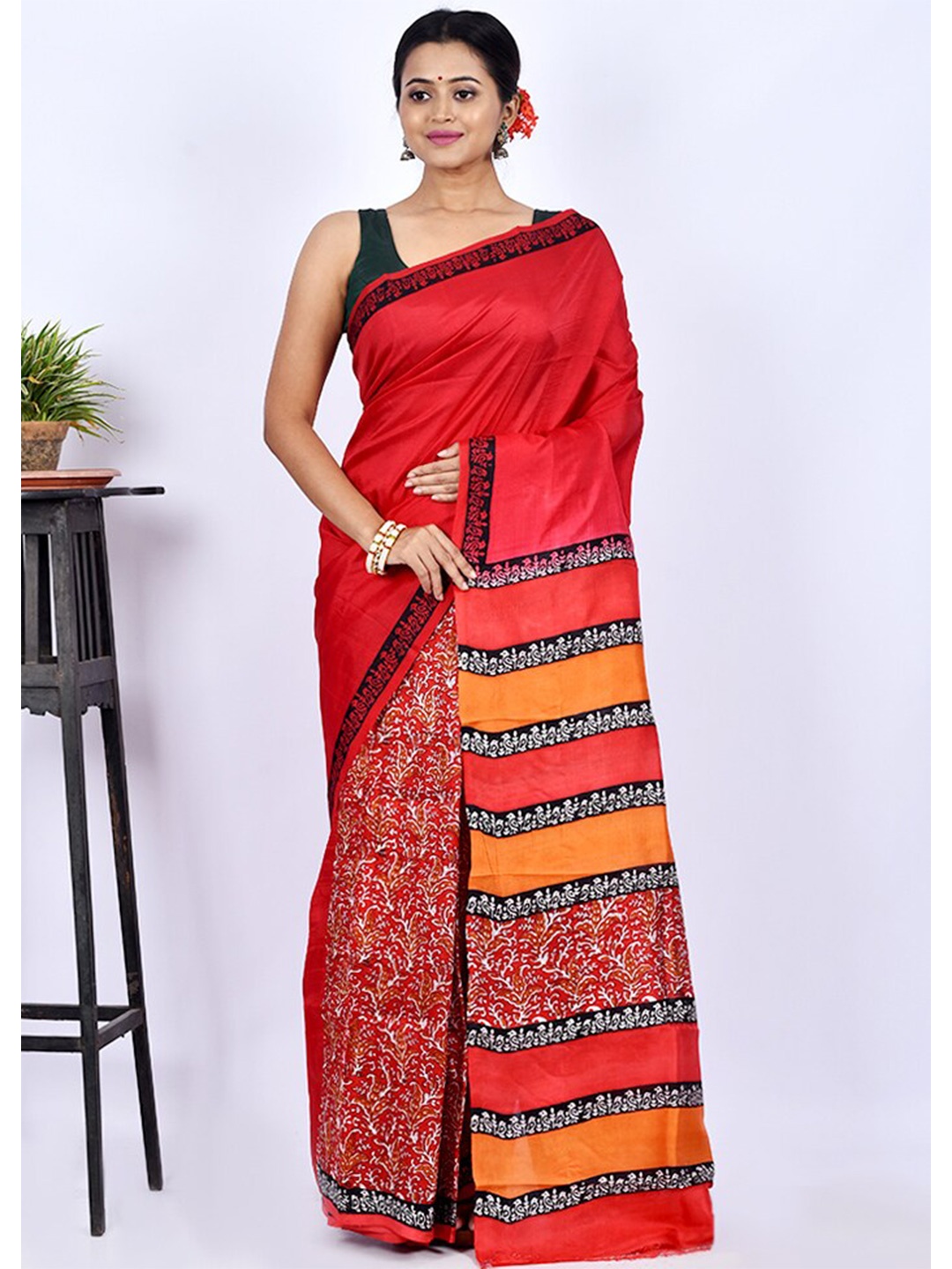 

AllSilks Red & Yellow Pure Silk Block Print Saree