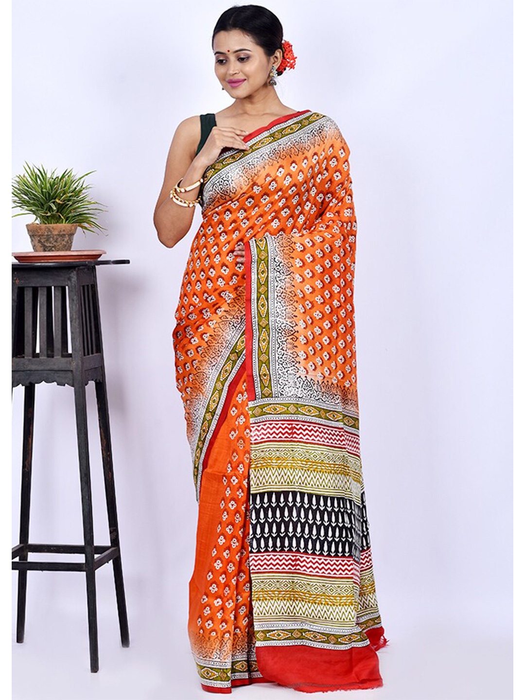 

AllSilks Orange & Black Floral Pure Silk Block Print Saree