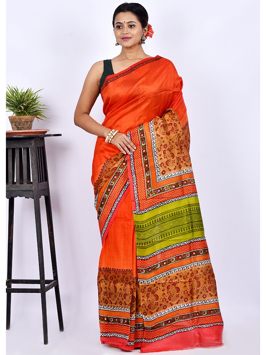 

AllSilks Orange & Green Floral Pure Silk Block Print Saree
