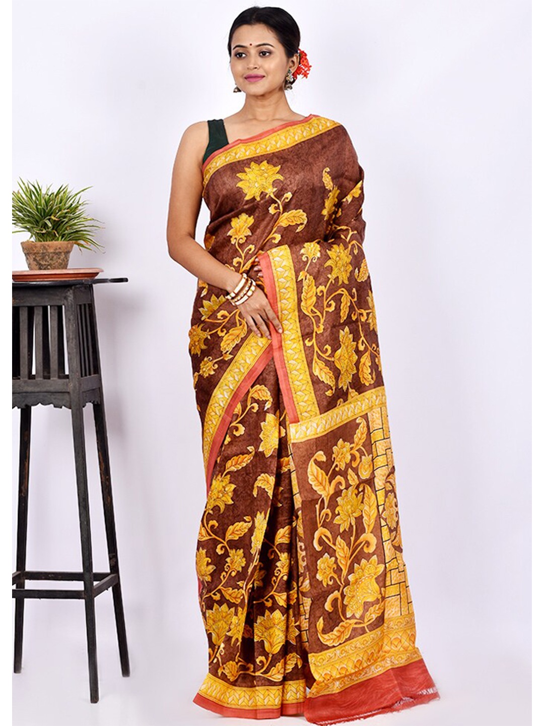 

AllSilks Brown & Yellow Floral Pure Silk Block Print Saree