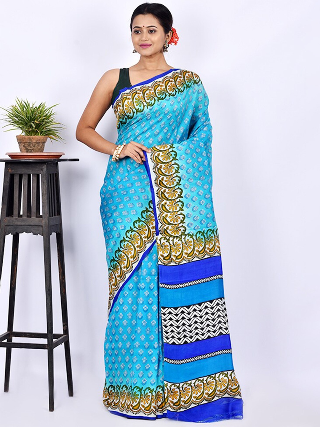 

AllSilks Blue & Green Floral Pure Silk Block Print Saree