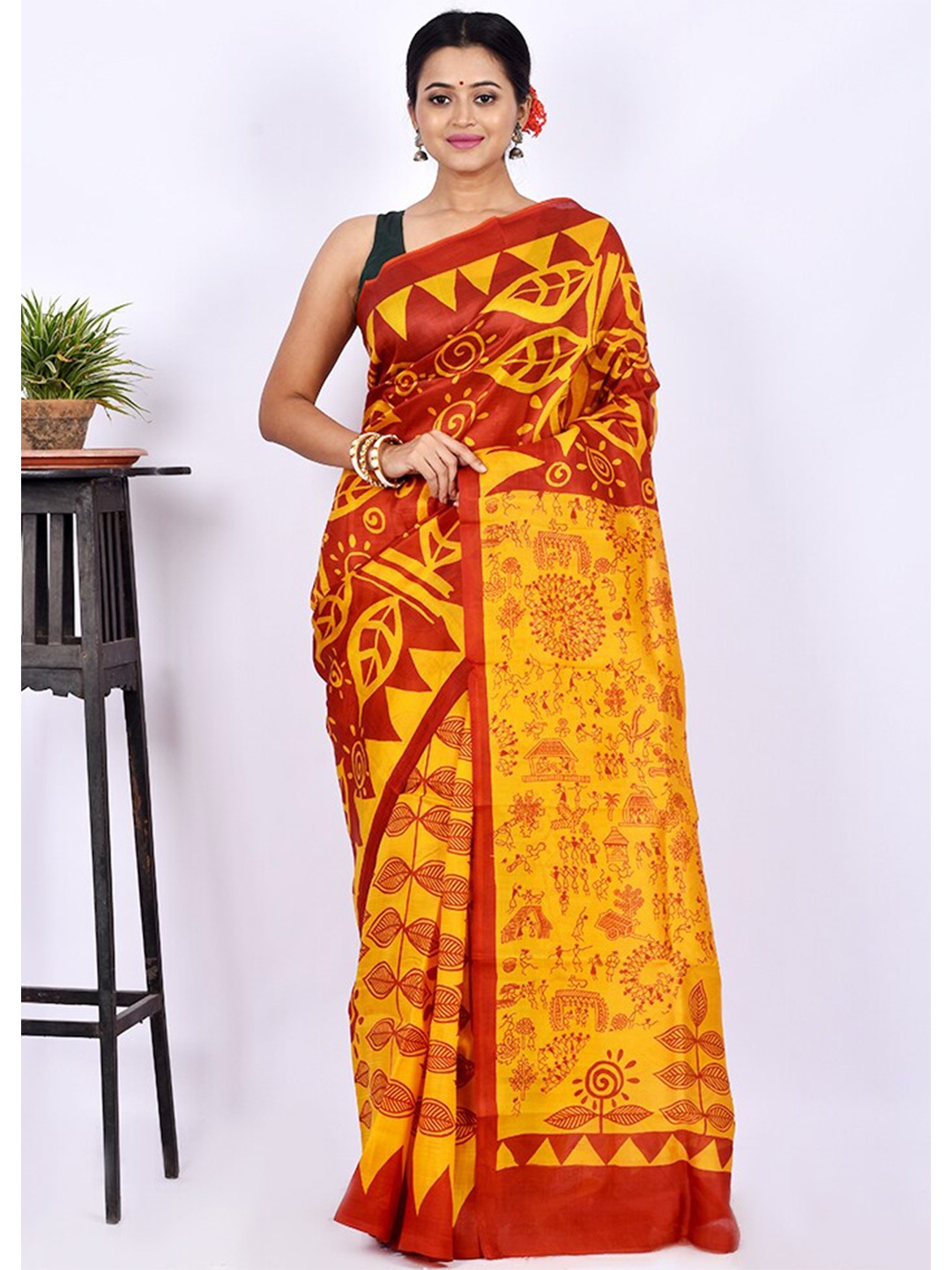 

AllSilks Yellow & Red Pure Silk Block Print Saree