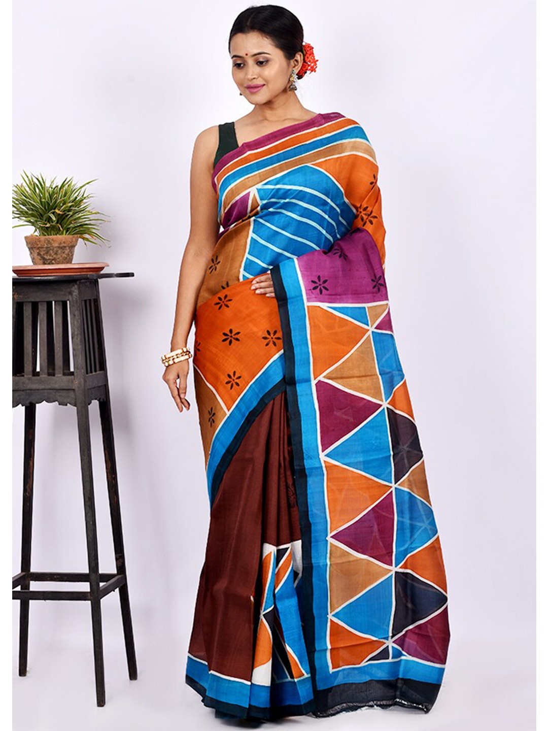 

AllSilks Maroon & Blue Pure Silk Block Print Saree