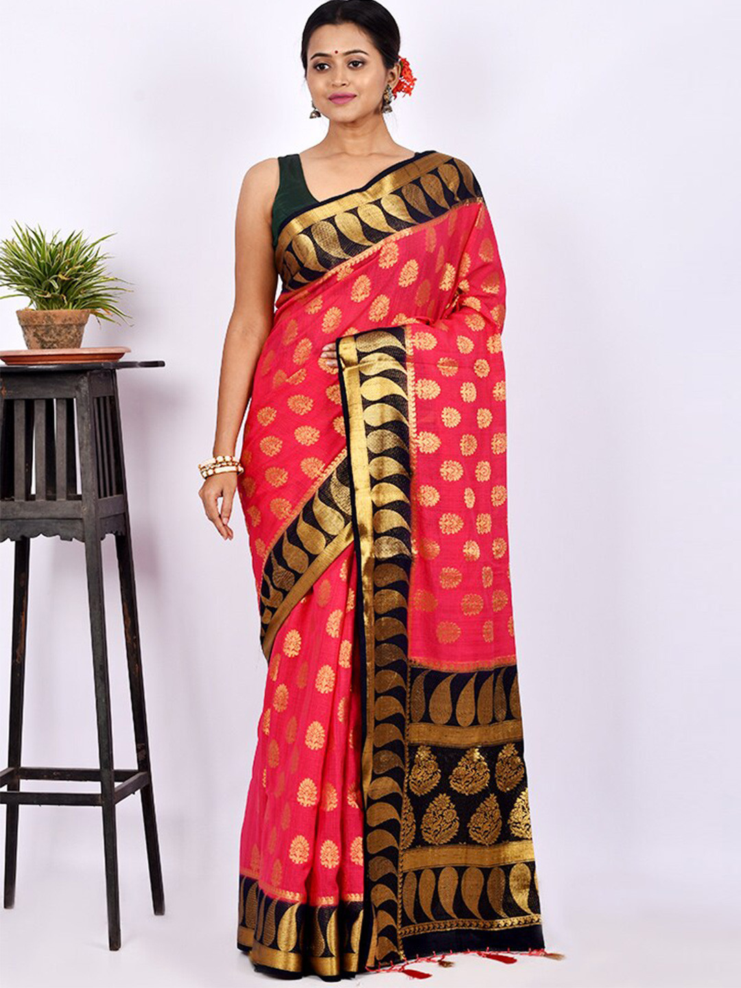 

AllSilks Pink & Black Woven Design Zari Silk Blend Saree