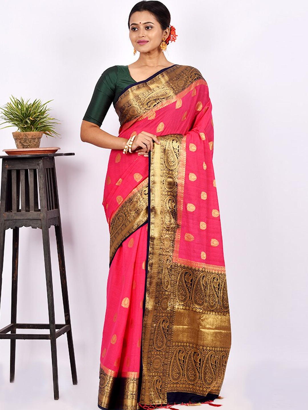 

AllSilks Pink & Black Woven Design Zari Silk Blend Saree