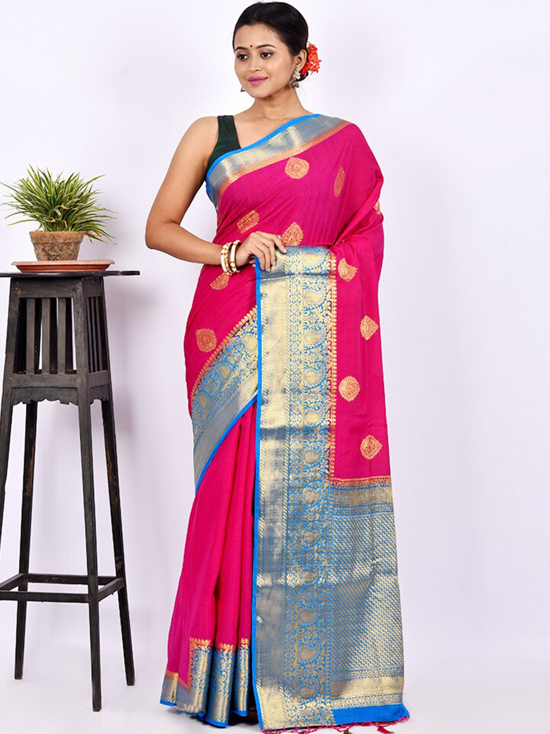 

AllSilks Pink & Blue Woven Design Zari Silk Blend Saree