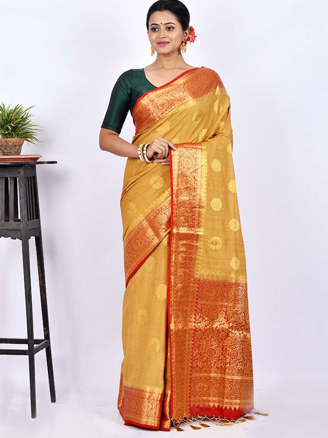 

AllSilks Cream-Coloured & Red Woven Design Zari Silk Blend Saree