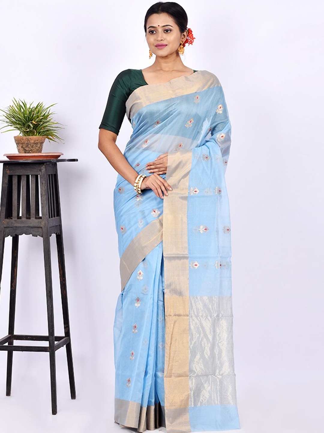

AllSilks Blue & Silver-Toned Woven Design Zari Pure Silk Chanderi Saree