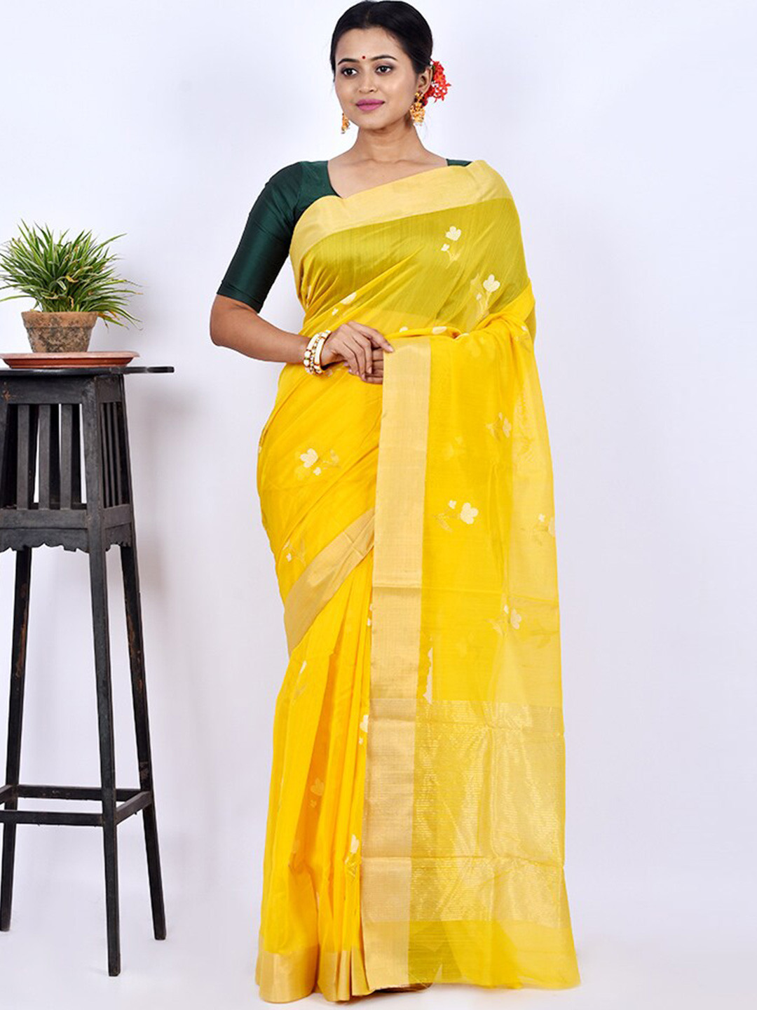 

AllSilks Yellow & Gold-Toned Woven Design Zari Pure Silk Chanderi Saree