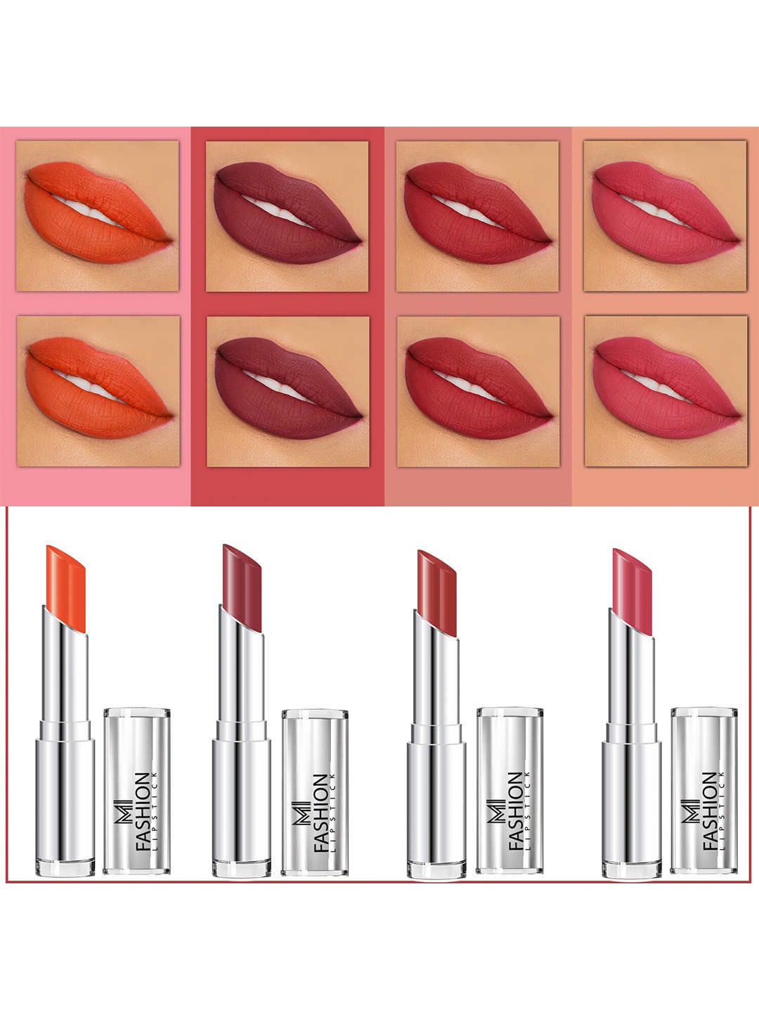 

MI FASHION Set Of 4 Creme Matte Weightless Long-Lasting Lipstick 3.5g each - Orange + Brown + Brownish Red + Dark Rose