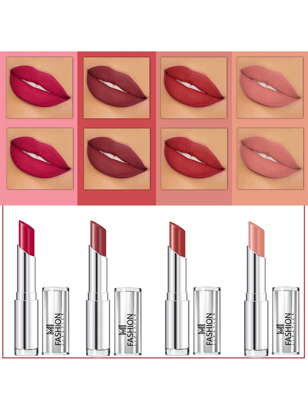 

MI FASHION Set Of 4 Creme Matte Weightless Long-Lasting Lipstick 3.5g each - Pinkish Red + Brown + Brownish Red + Nude