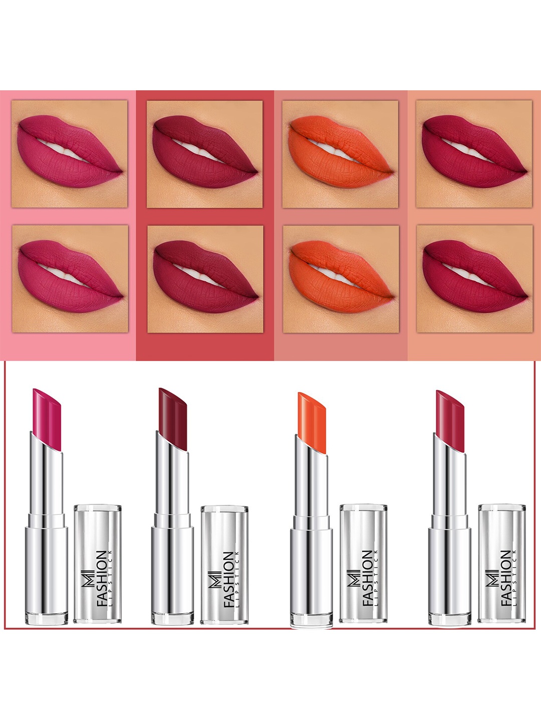 

MI FASHION Set Of 4 Creme Matte Weightless Long-Lasting Lipstick 3.5g each - Pink + Cherrywood + Orange + Burgundy