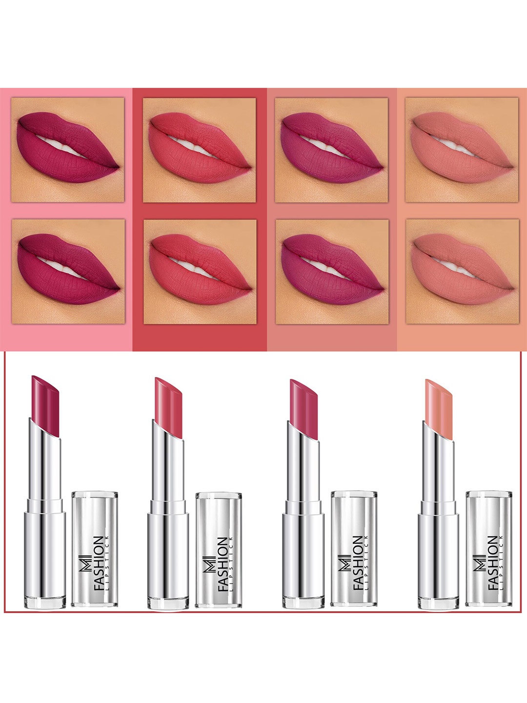 

MI FASHION Set Of 4 Creme Matte Weightless Long-Lasting Lipstick 3.5g each - Purple + Rose + Purple Peach + Nude