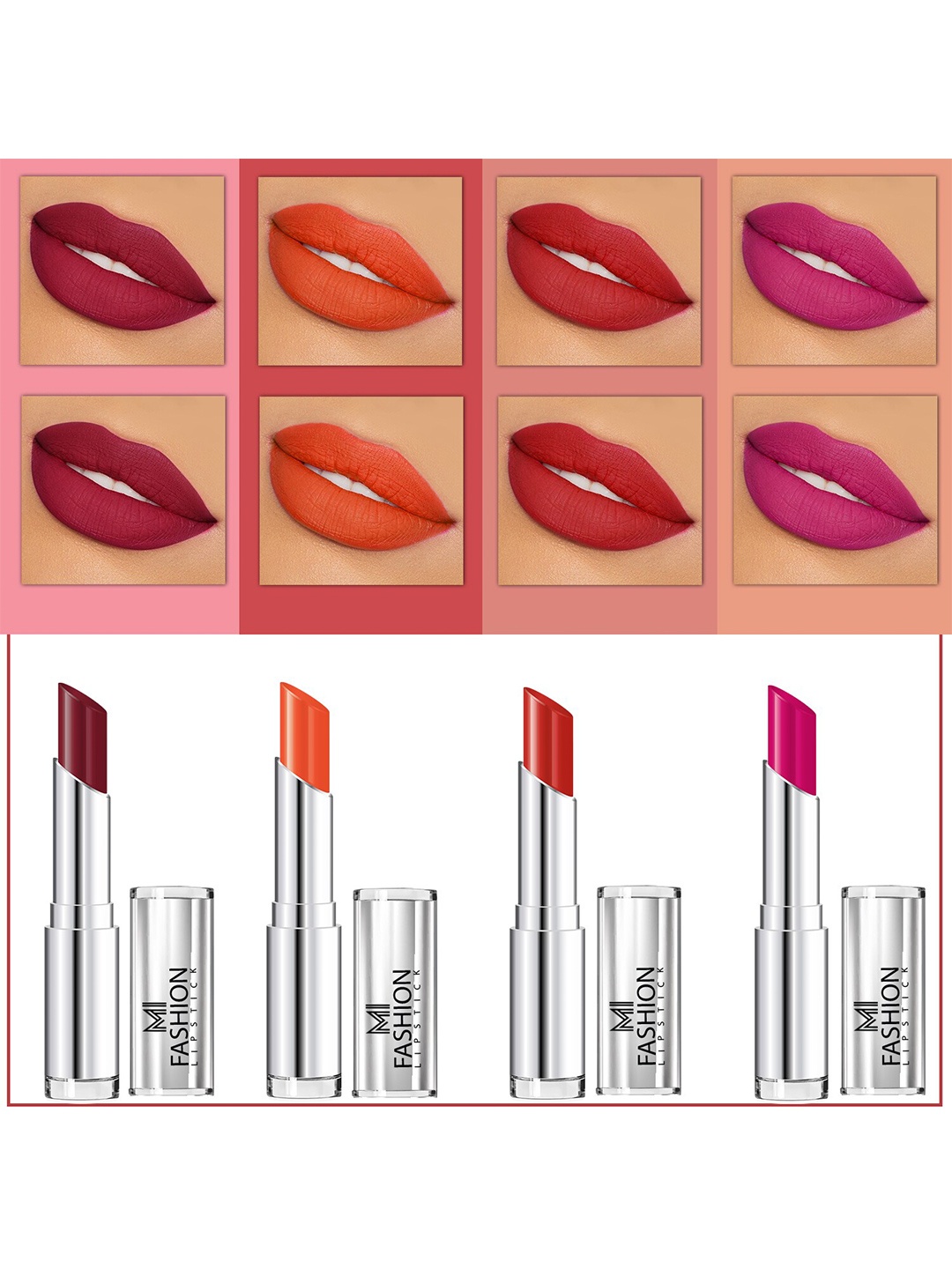 

MI FASHION Set Of 4 Creme Matte Weightless Long-Lasting Lipstick 3.5g each - Cherrywood + Orange + Cornell Red + Magenta