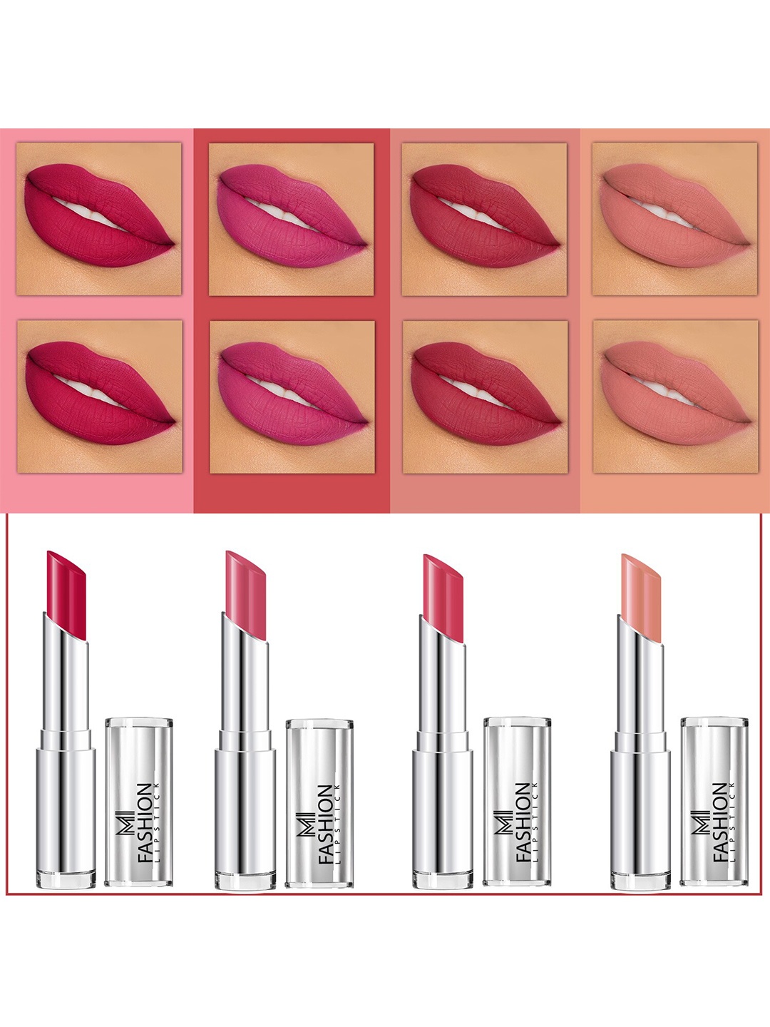 

MI FASHION Set Of 4 Creme Matte Weightless Long-Lasting Lipstick 3.5g each - Pinkish Red + Rose + Wine Pink + Nude