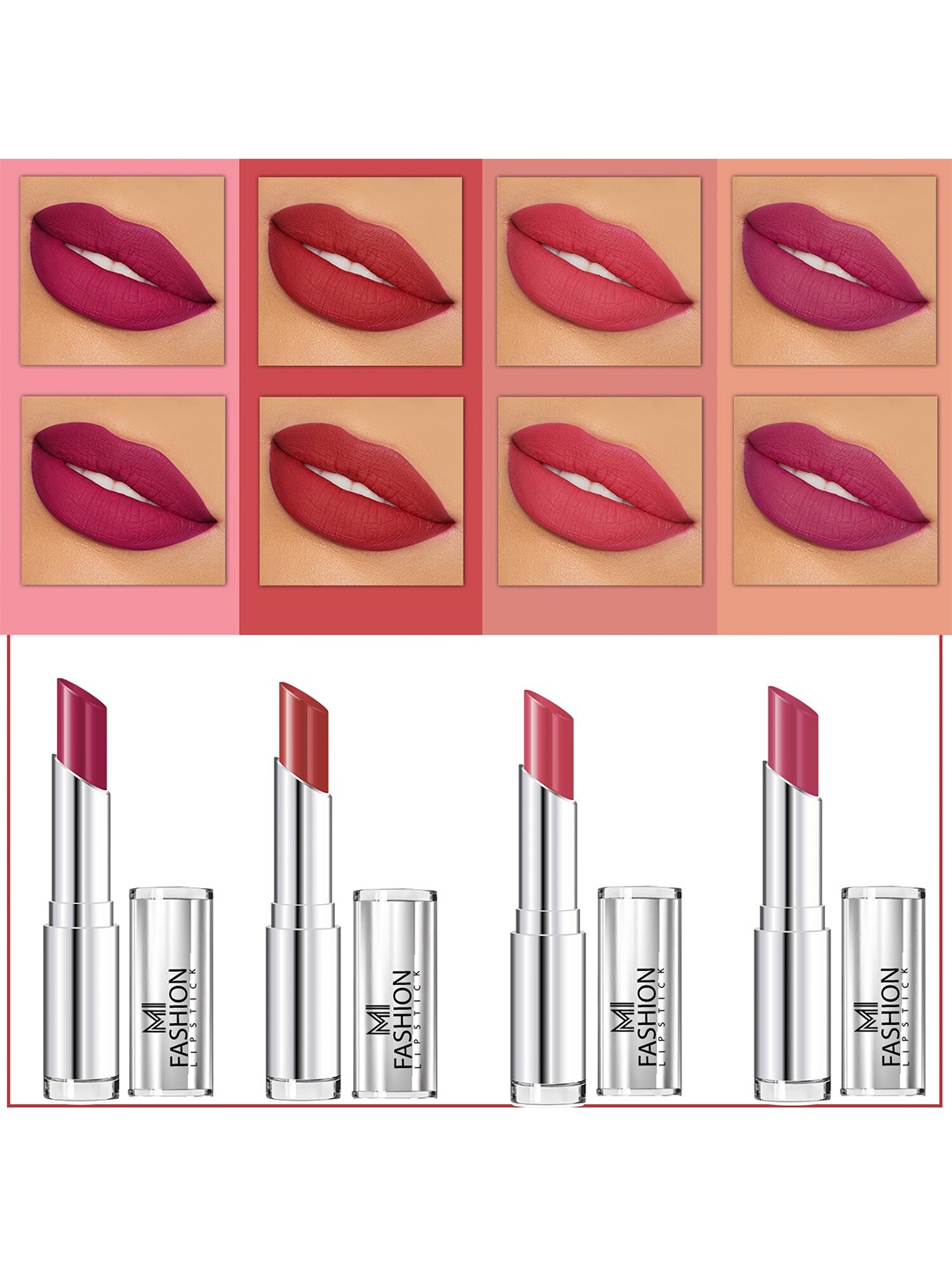 

MI FASHION Set Of 4 Creme Matte Weightless Long-Lasting Lipstick 3.5g each - Purple + Brownish Red + Rose + Purple Peach, Pink