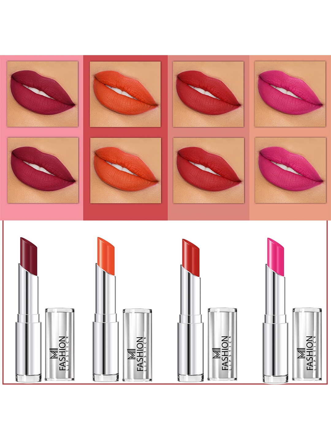 

MI FASHION Set Of 4 Creme Matte Weightless Long-Lasting Lipstick 3.5g each - Cherrywood + Orange + Cornell Red + Pink