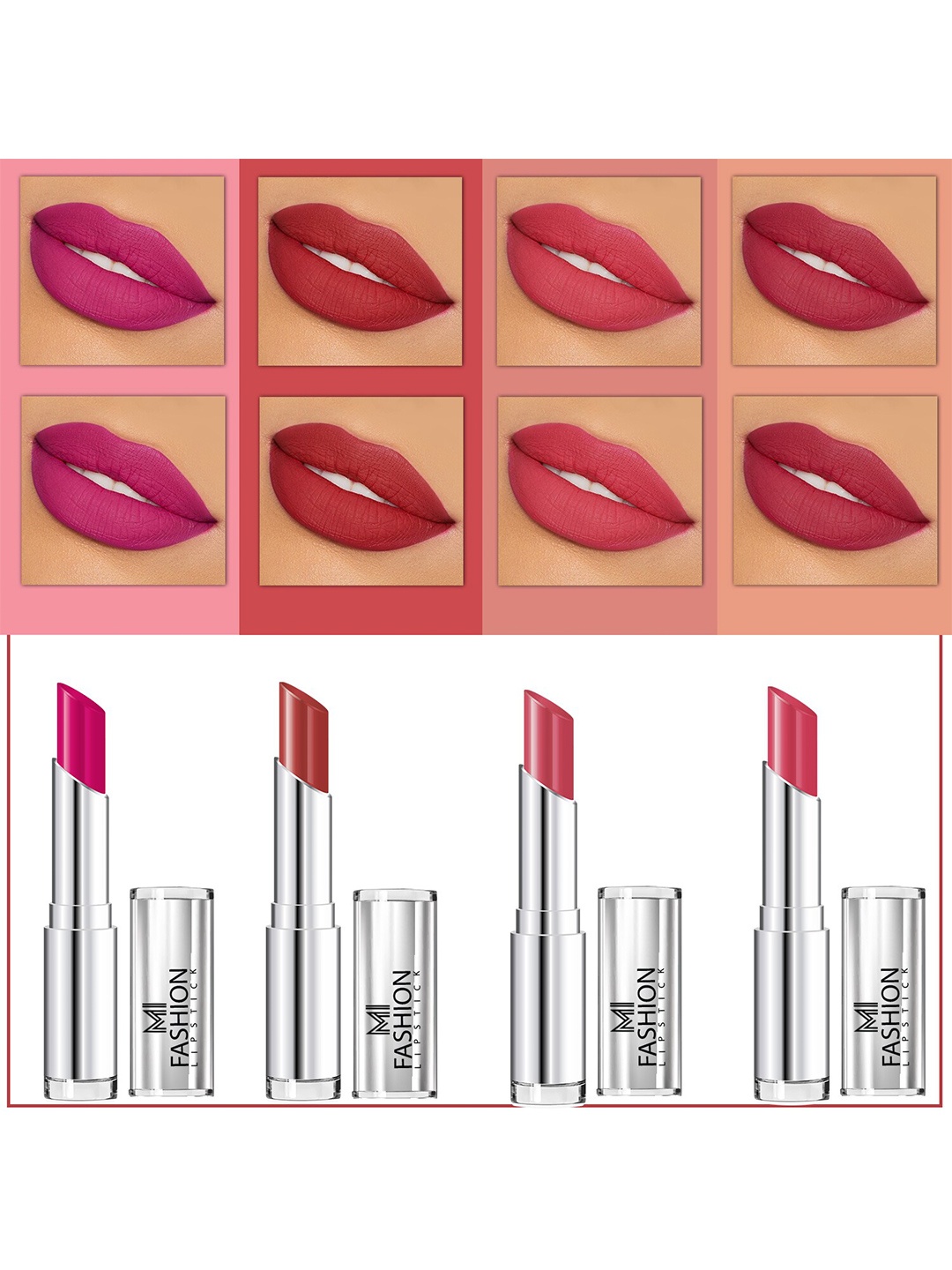 

MI FASHION Set Of 4 Creme Matte Weightless Long-Lasting Lipstick 3.5g each - Magenta + Brownish Red + Rose + Wine Pink