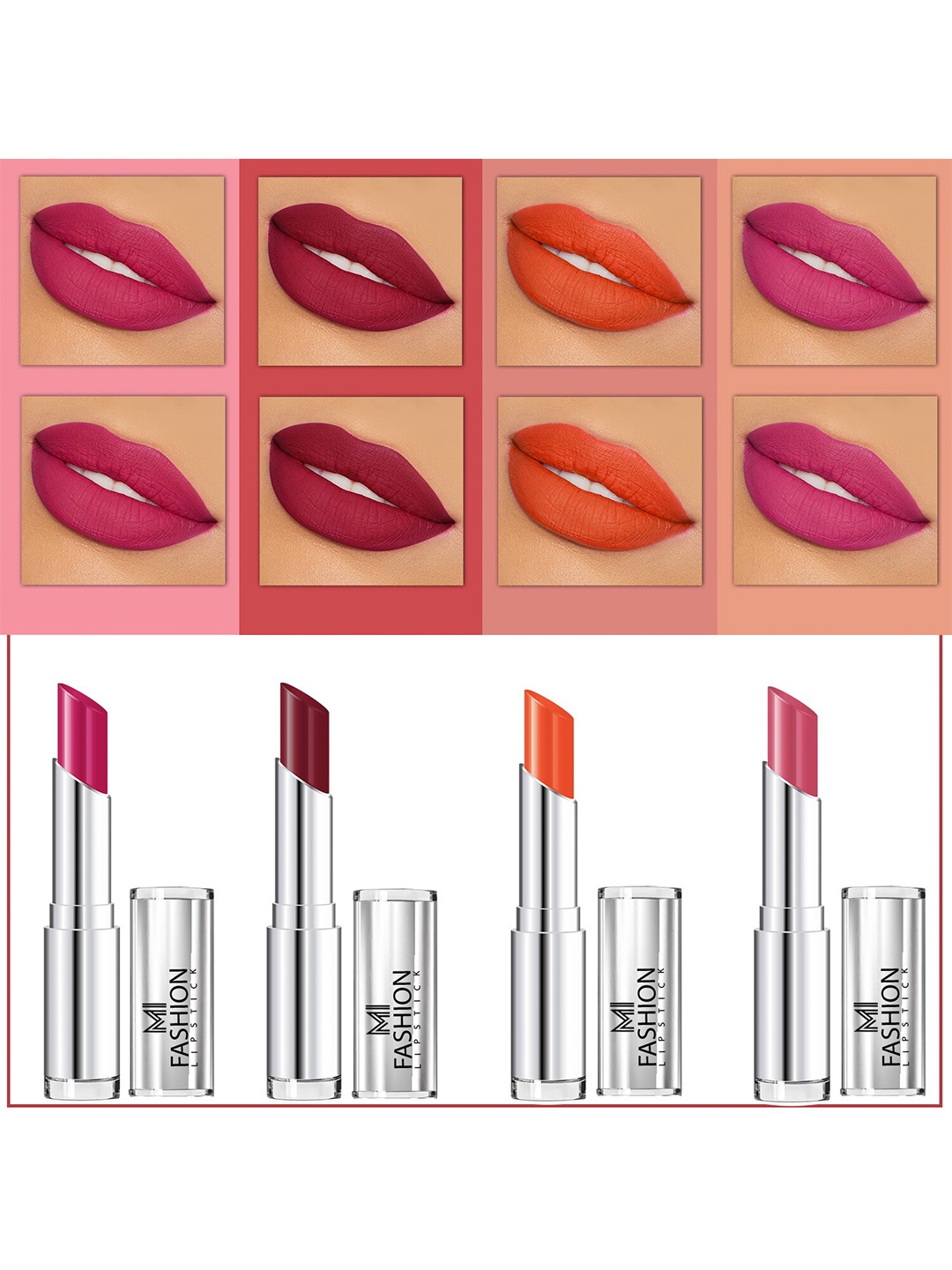 

MI FASHION Set Of 4 Creme Matte Weightless Long-Lasting Lipstick 3.5g each - Pink + Cherrywood + Orange + Rose