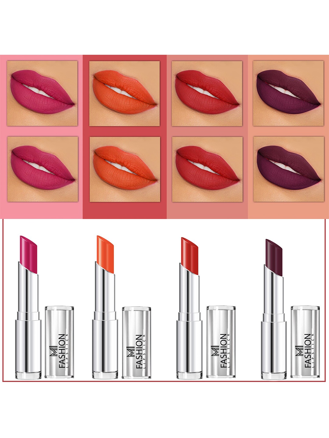 

MI FASHION Set Of 4 Creme Matte Weightless Long-Lasting Lipstick 3.5g each - Pink + Orange + Cornell Red + Wine Berry