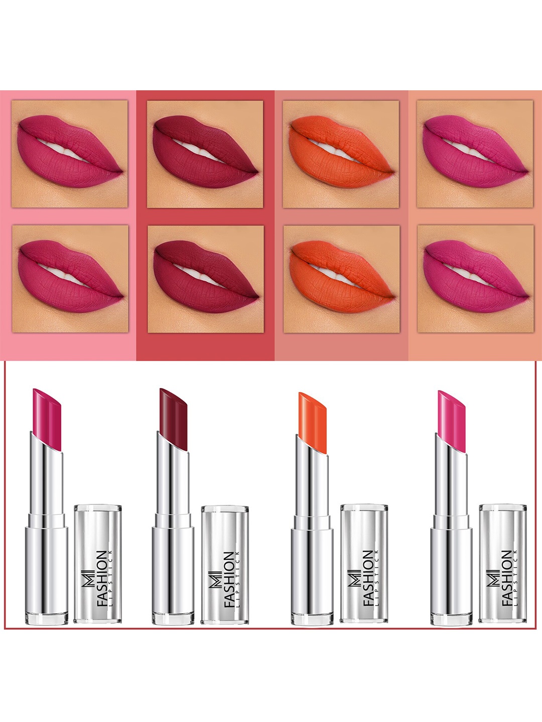 

MI FASHION Set Of 4 Creme Matte Weightless Long-Lasting Lipstick 3.5g each - Pink + Cherrywood + Orange + Rose Pink