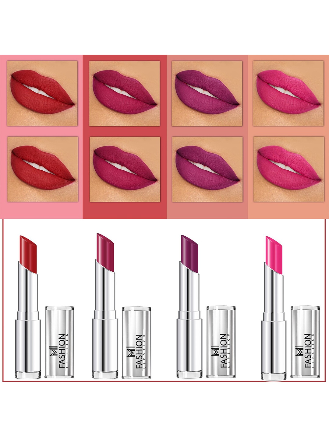 

MI FASHION Set Of 4 Creme Matte Weightless Long-Lasting Lipstick 3.5g each - Purple + Purple + Purple + Pink