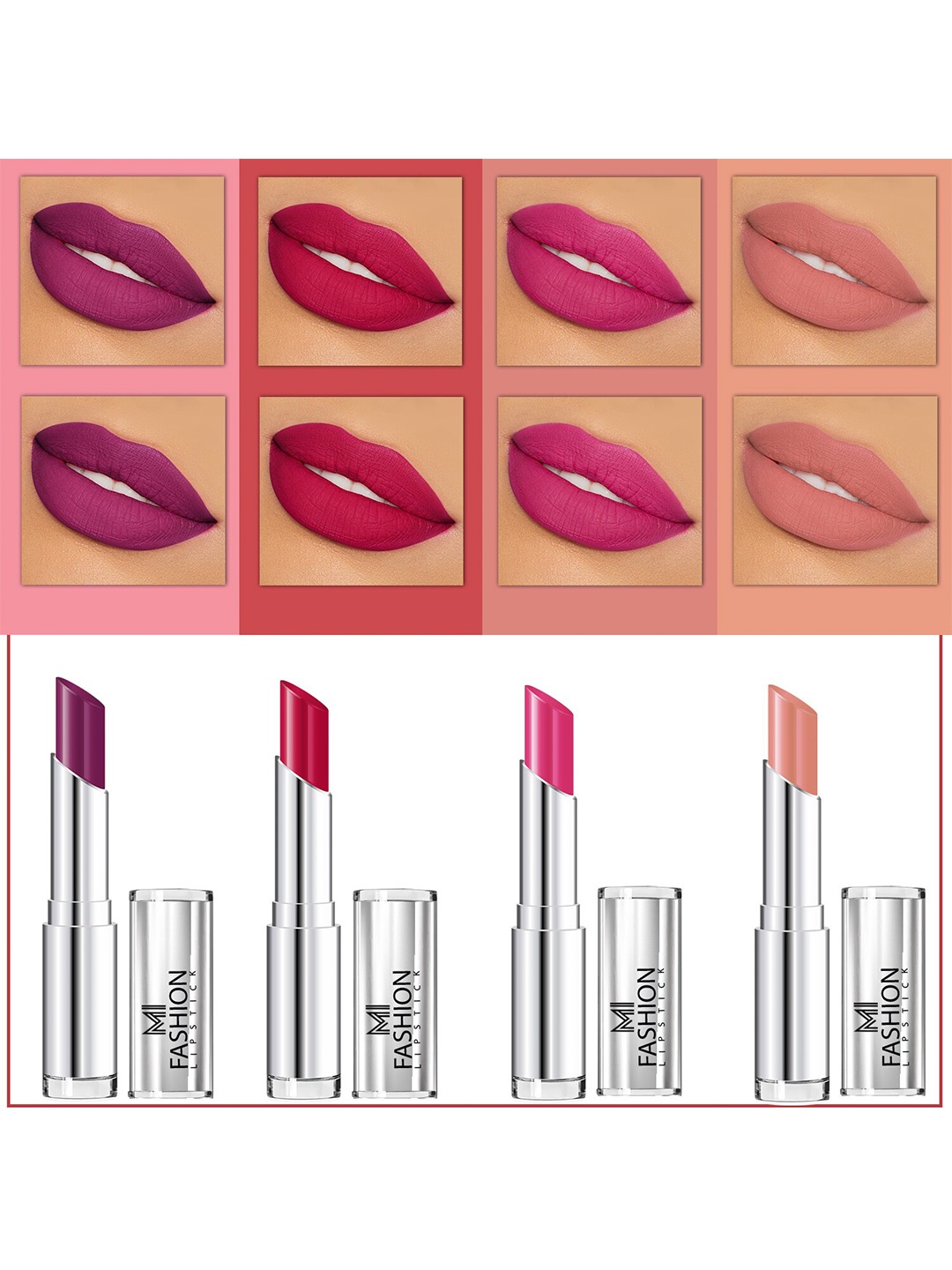 

MI FASHION Set Of 4 Creme Matte Weightless Long-Lasting Lipstick 3.5g each - Purple + Pinkish Red + Rose Pink + Nude