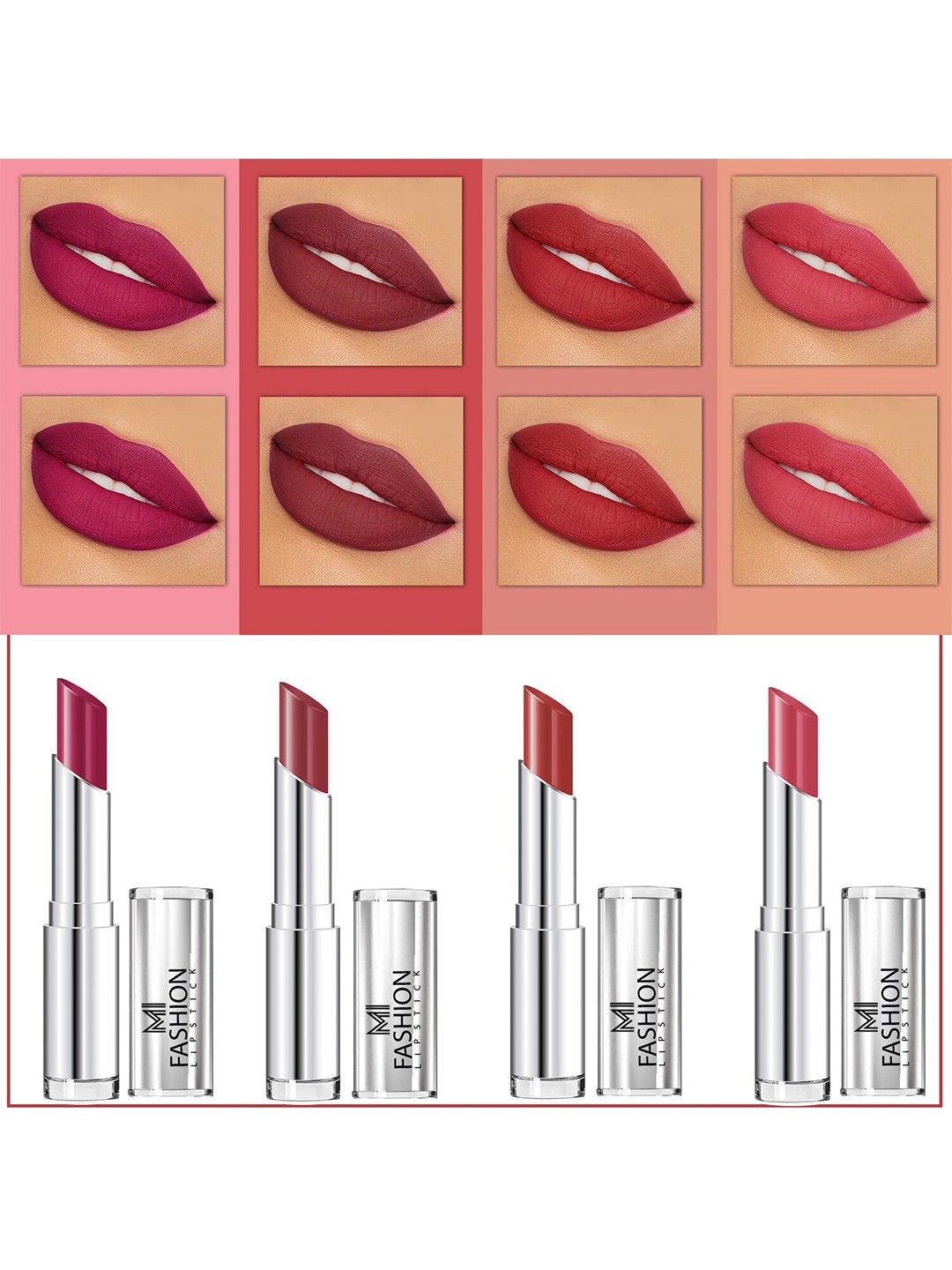 

MI FASHION Set Of 4 Creme Matte Weightless Long-Lasting Lipstick 3.5g each - Purple + Brown + Brownish Red + Dark Rose