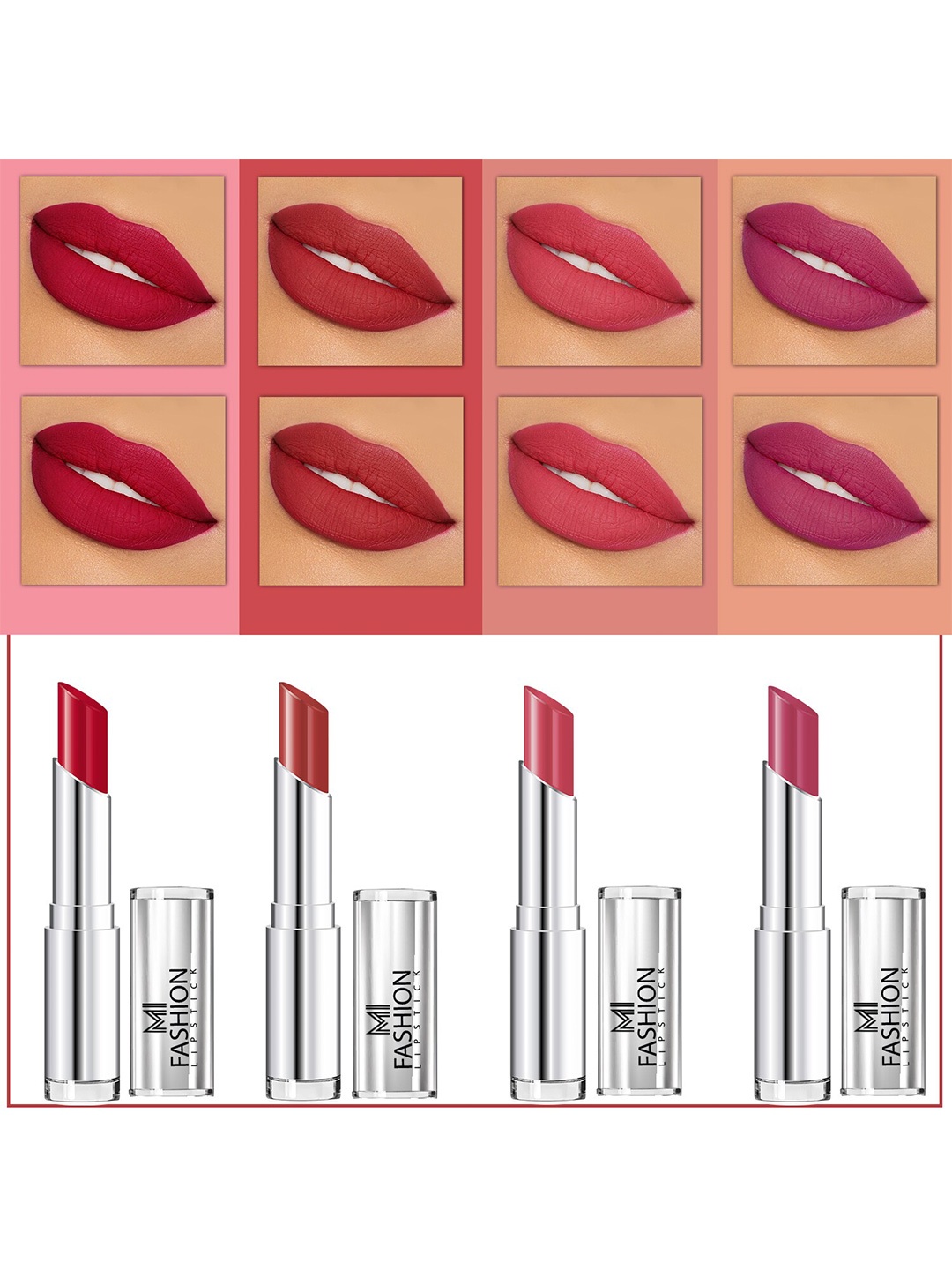 

MI FASHION Set Of 4 Creme Matte Weightless Long-Lasting Lipstick 3.5g each - Purple + Brownish Red + Rose + Purple Peach