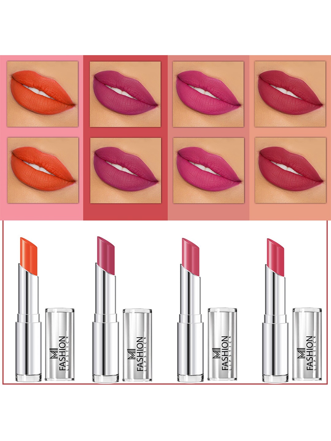 

MI FASHION Set Of 4 Creme Matte Weightless Long-Lasting Lipstick 3.5g each - Orange + Purple Peach + Rose + Wine Pink