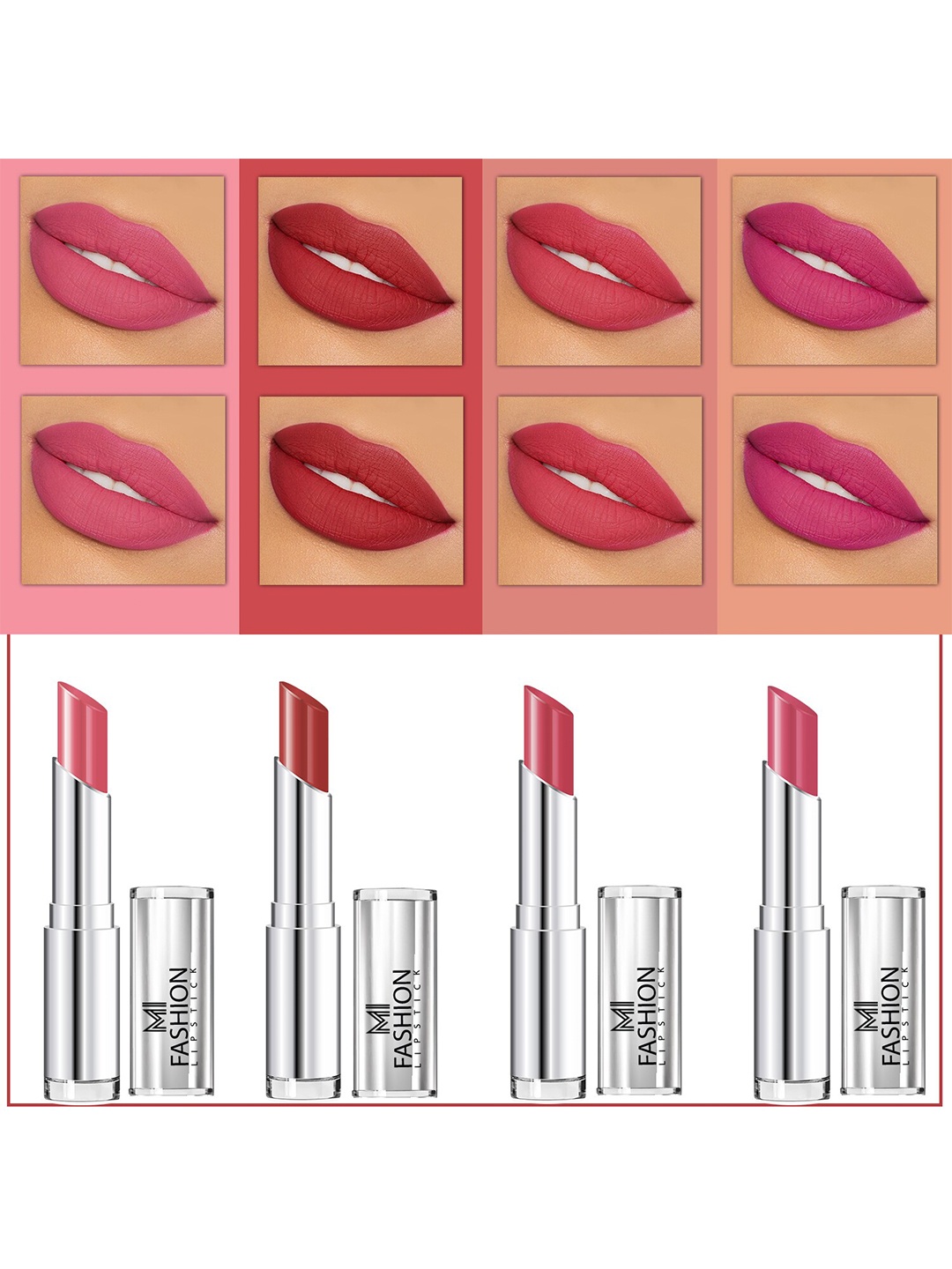 

MI FASHION Set Of 4 Creme Matte Weightless Long-Lasting Lipstick 3.5g each - Peach + Brownish Red + Rose + Rose