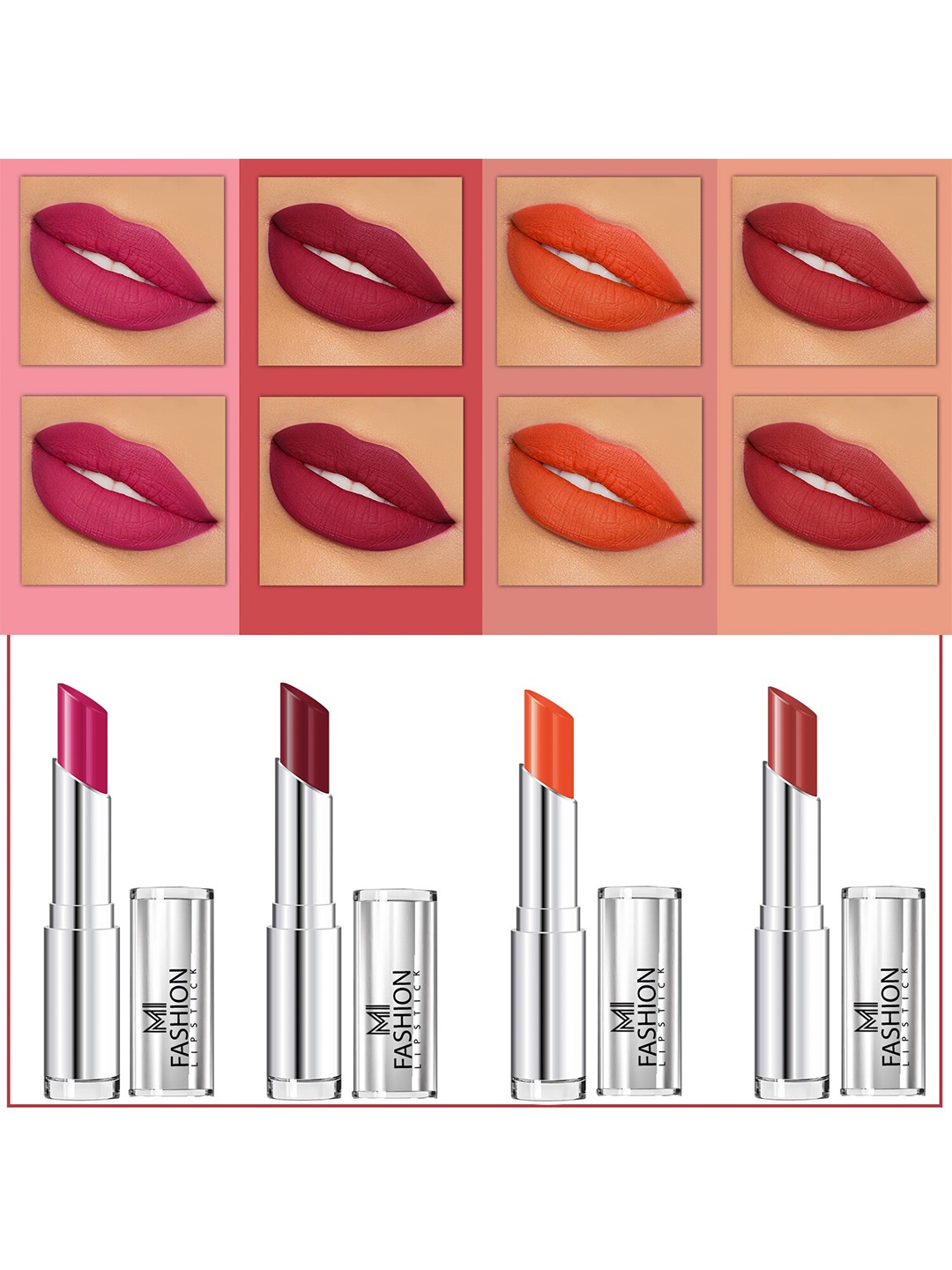 

MI FASHION Set Of 4 Creme Matte Weightless Long-Lasting Lipstick 3.5g each - Pink + Cherrywood + Orange + Brownish Red