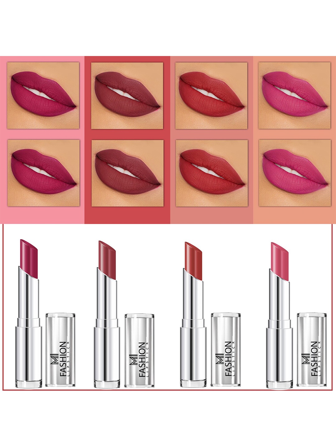 

MI FASHION Set Of 4 Creme Matte Weightless Long-Lasting Lipstick 3.5g each - Purple + Brown + Brownish Red + Rose