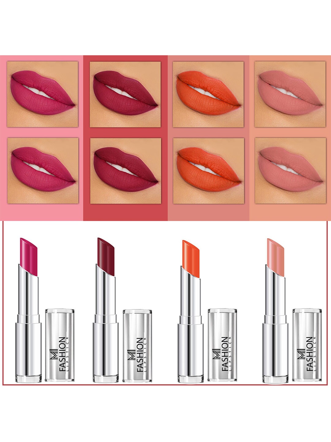 

MI FASHION Set Of 4 Creme Matte Weightless Long-Lasting Lipstick 3.5g each - Pink + Cherrywood + Orange + Nude