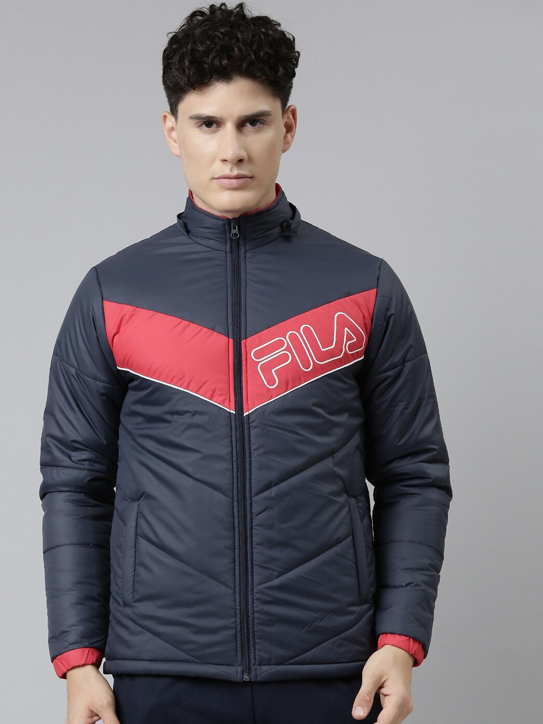 

FILA Men Navy Blue Red Colourblocked Padded Jacket