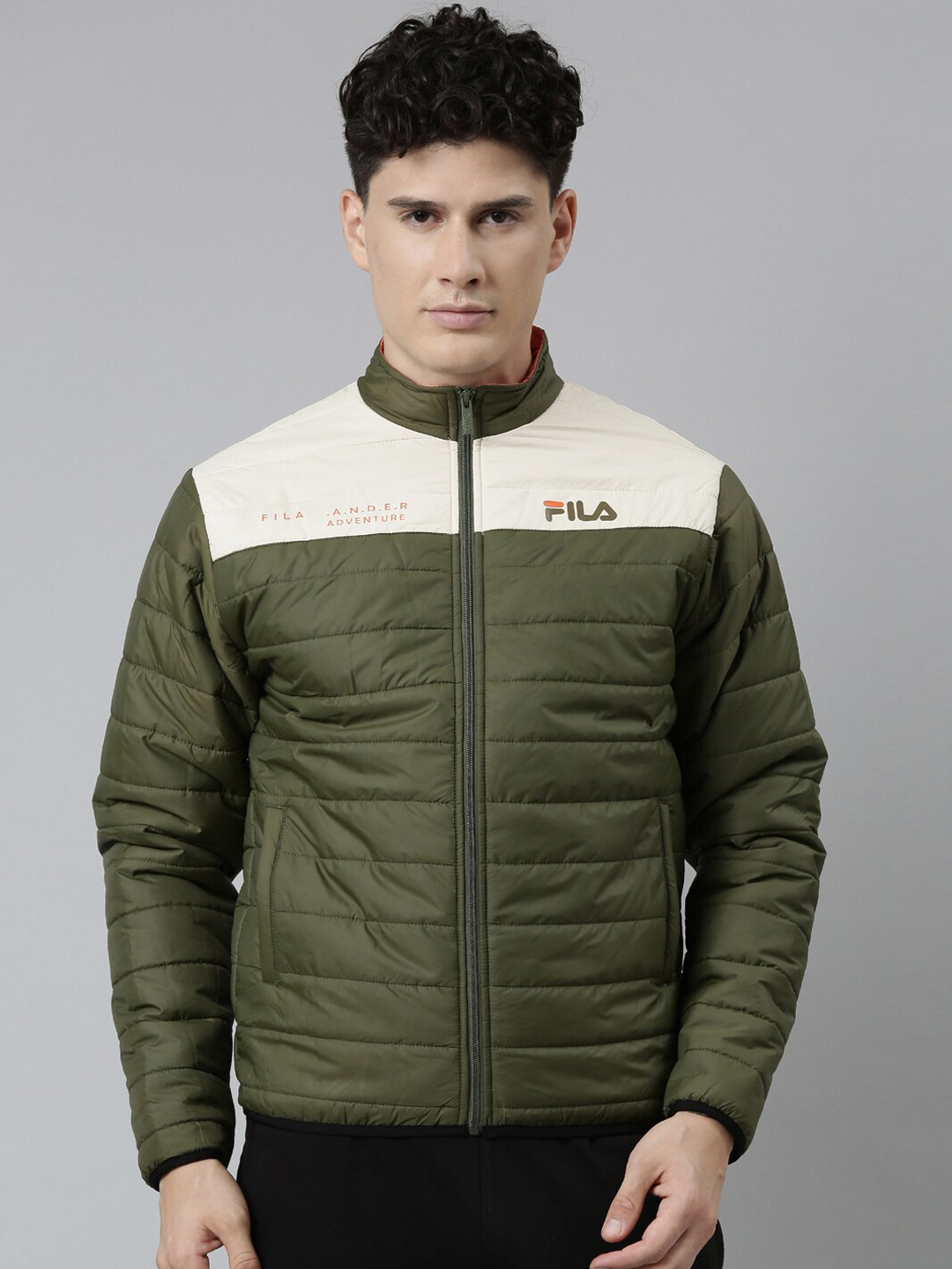 

FILA Men Green Cream-Coloured Colourblocked Puffer Jacket