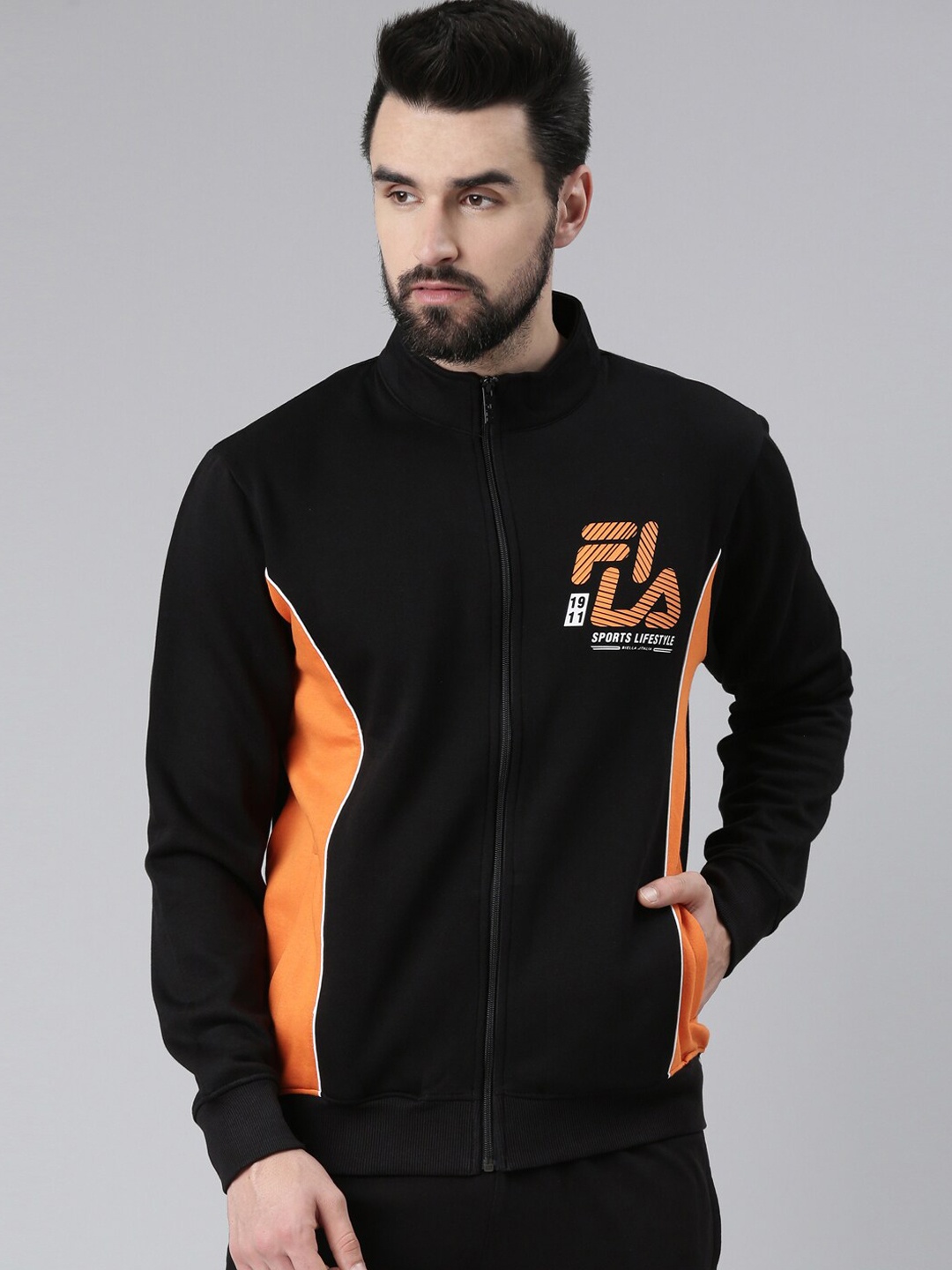 

FILA Men Black Orange Colourblocked Sporty Jacket