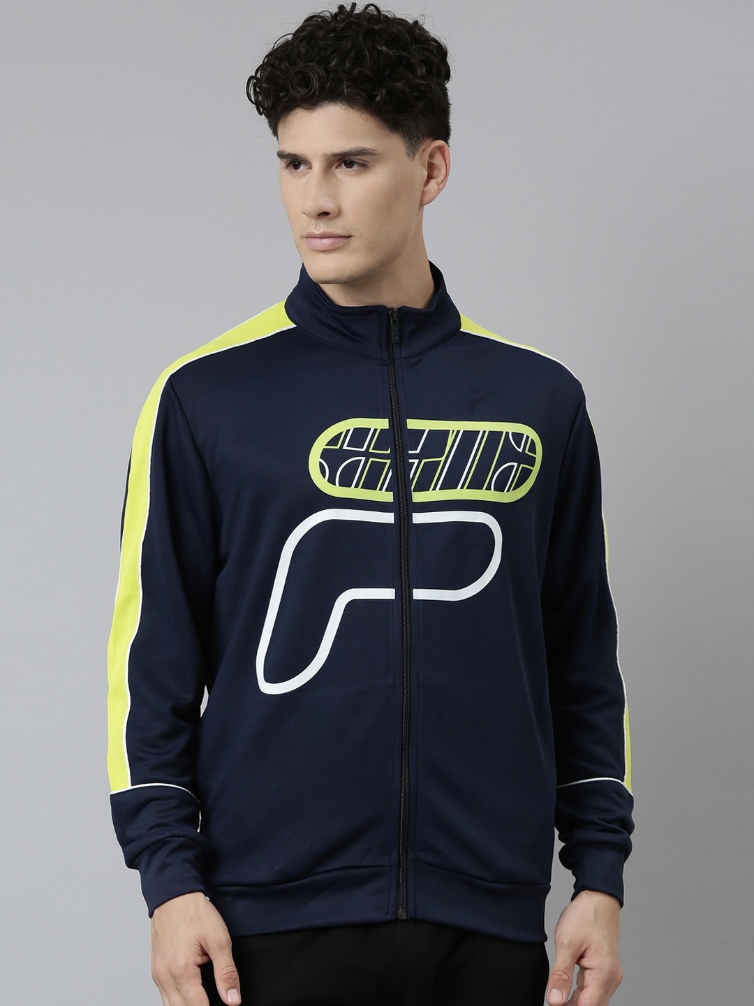 

FILA Men Navy Blue & Lime Green Sporty Jacket
